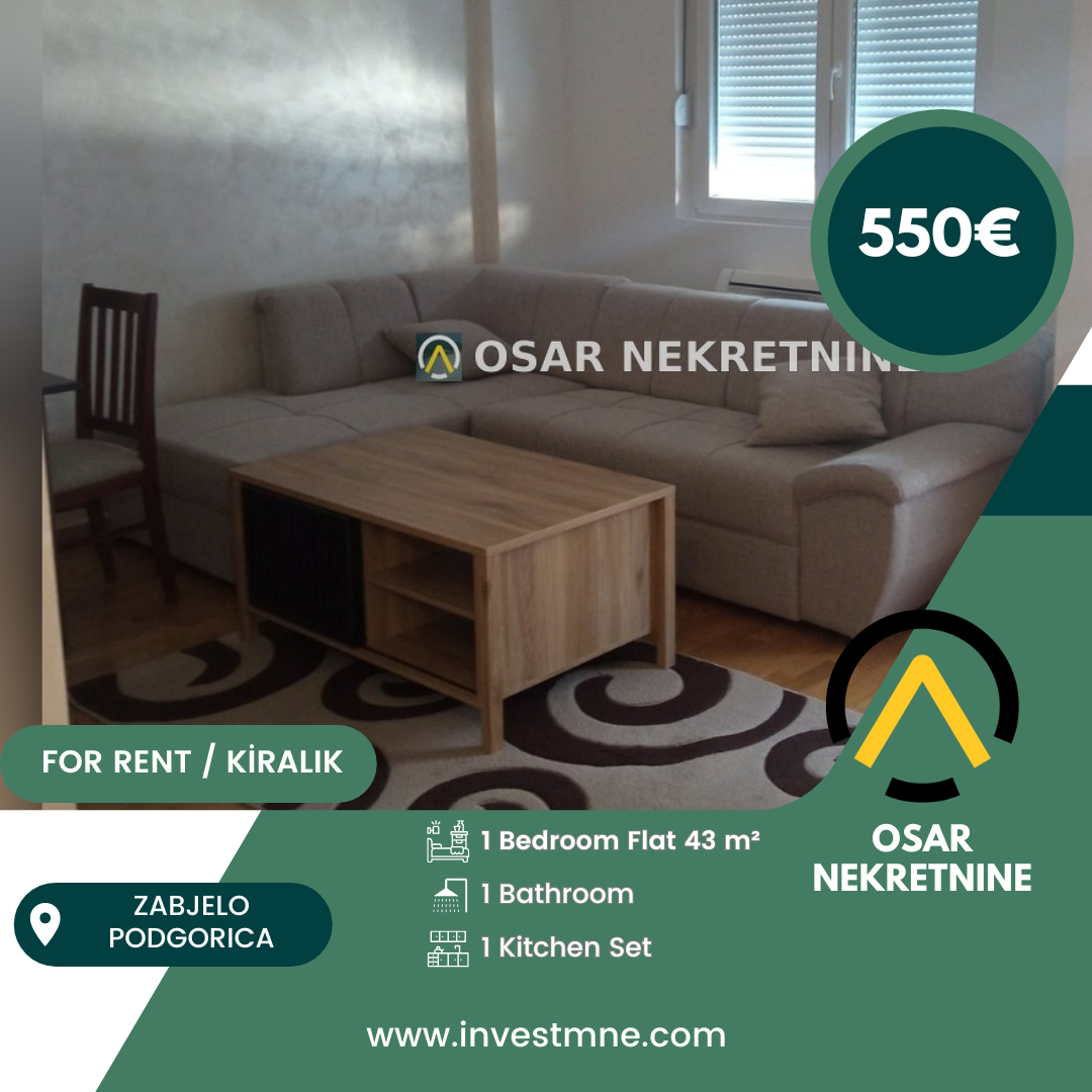 Podgorica _ Zabjelo _ Daire _ 1 ODA _ 43 m² _ 1. KAT _ Mobilyalı