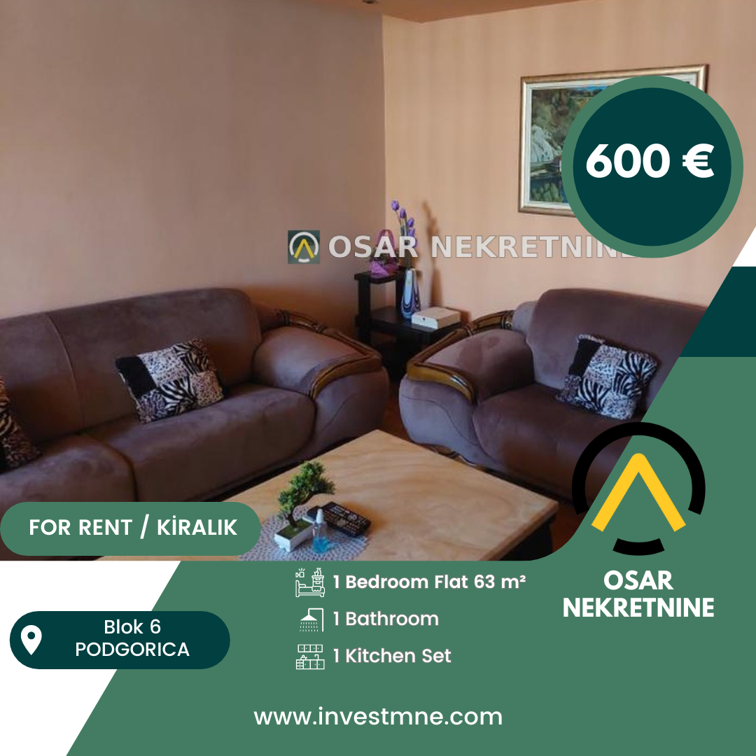 Podgorica _ Blok 6 _ Daire _ 1 ODA _ 63 m² _ 4. KAT _ Mobilyalı
