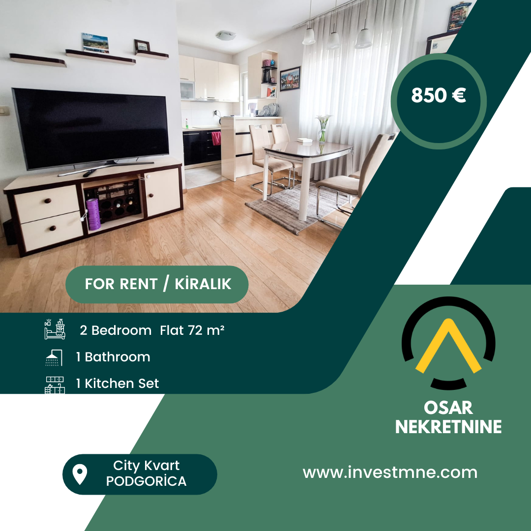Podgorica _ Cıty Kvart _ Daire _ 2 ODA _ 72 m² _ 3. KAT _ Mobilyalı