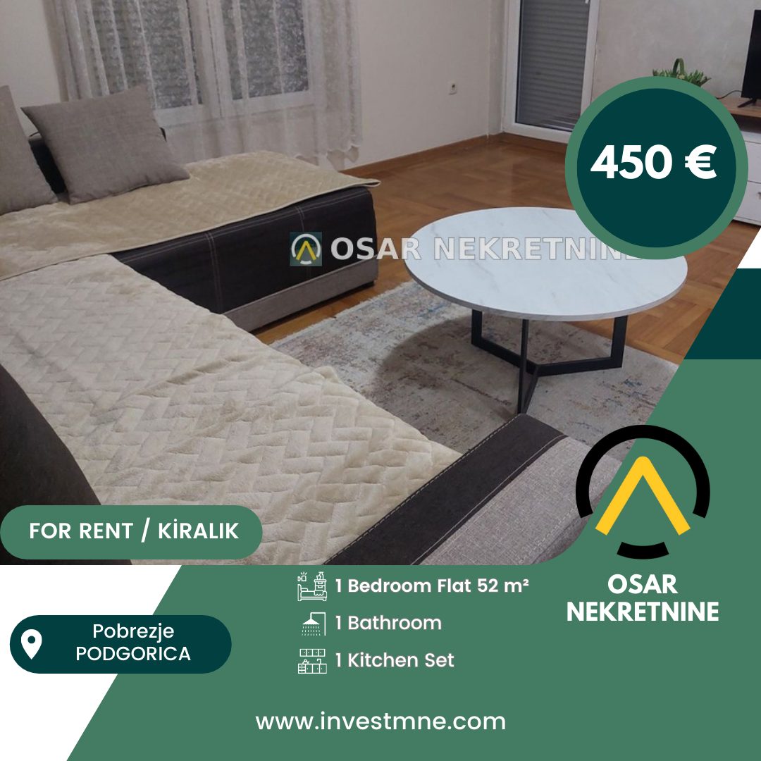 Podgorica _ Pobrezje _ Daire _ 1 ODA _ 52 m² _ 4. KAT _ Mobilyalı