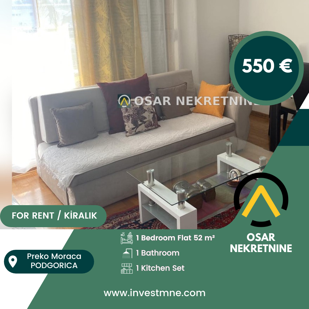 Podgorica _ Preko Moraca _ Daire _ 1 ODA _ 52 m² _ 5. KAT _ Mobilyalı