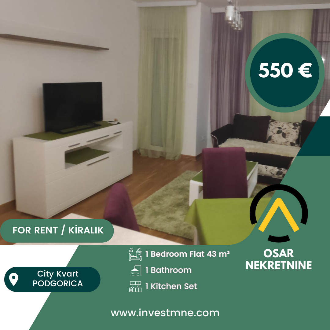 Podgorica _ Cıty Kvart _ Daire _ 1 ODA _ 43 m² _ 3. KAT _ Mobilyalı