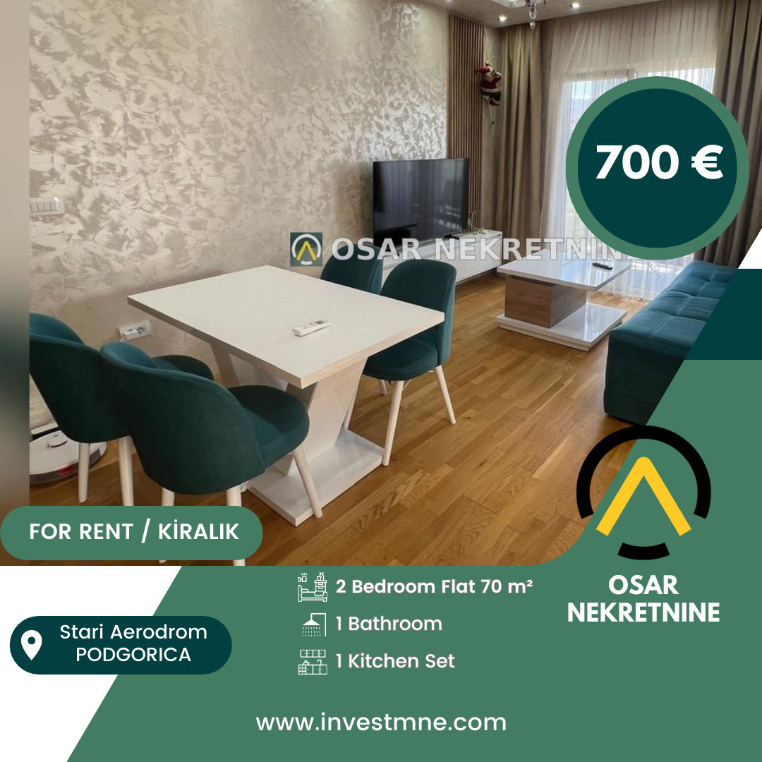 Podgorica _ Stari Aerodrom _ Daire _ 2 ODA _ 70 m² _ 6. KAT _ Mobilyalı