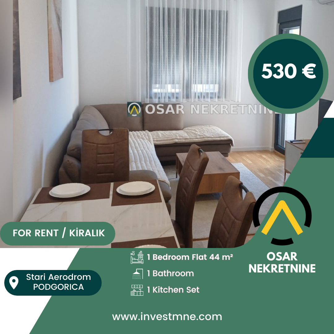 Podgorica _ Stari Aerodrom _ Daire _ 1 ODA _ 44 m² _ 3. KAT _ Mobilyalı