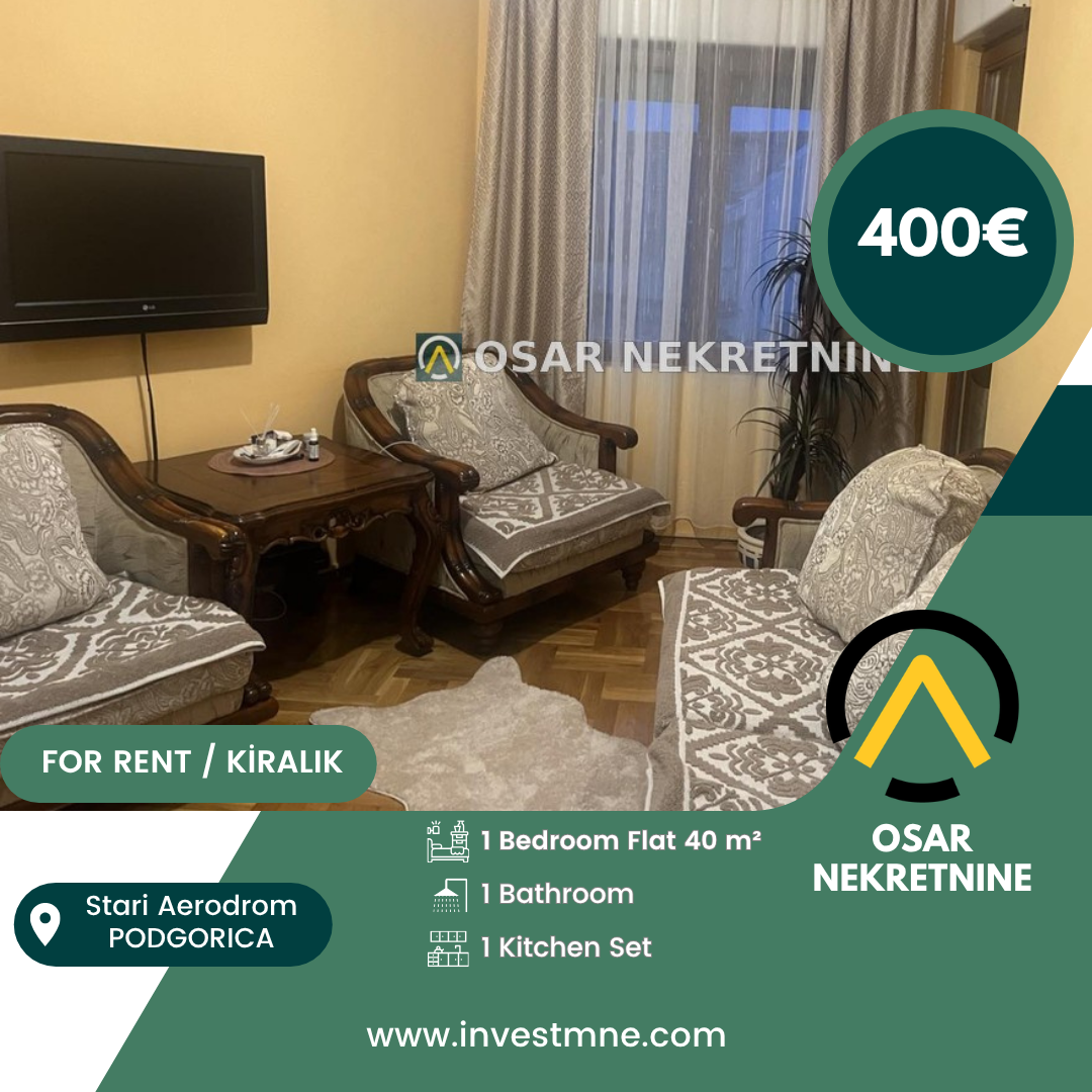 Podgorica _ Stari Aerodrom _ Daire _ 1 ODA _ 40 m² _ 1. KAT _ Mobilyalı