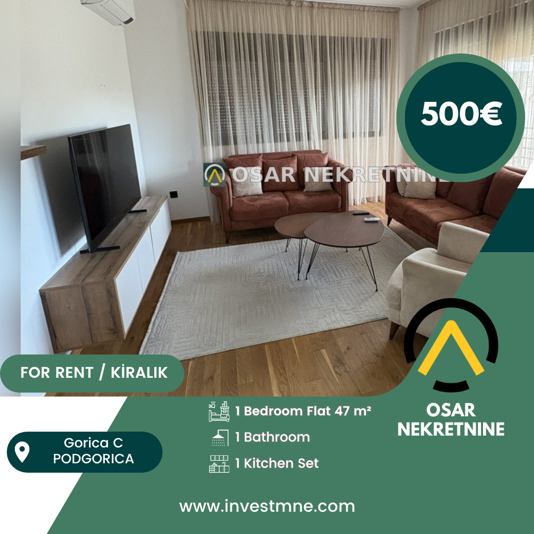 Podgorica _ Gorica C _ Daire _ 1 ODA _ 47 m² _ 1. KAT _ Mobilyalı